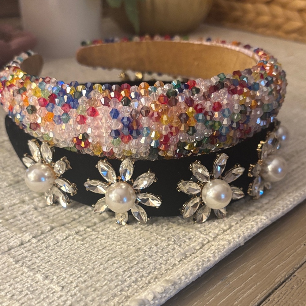 Beaded Multicolor & Black Pearl Flower Headbands - Women Accessories